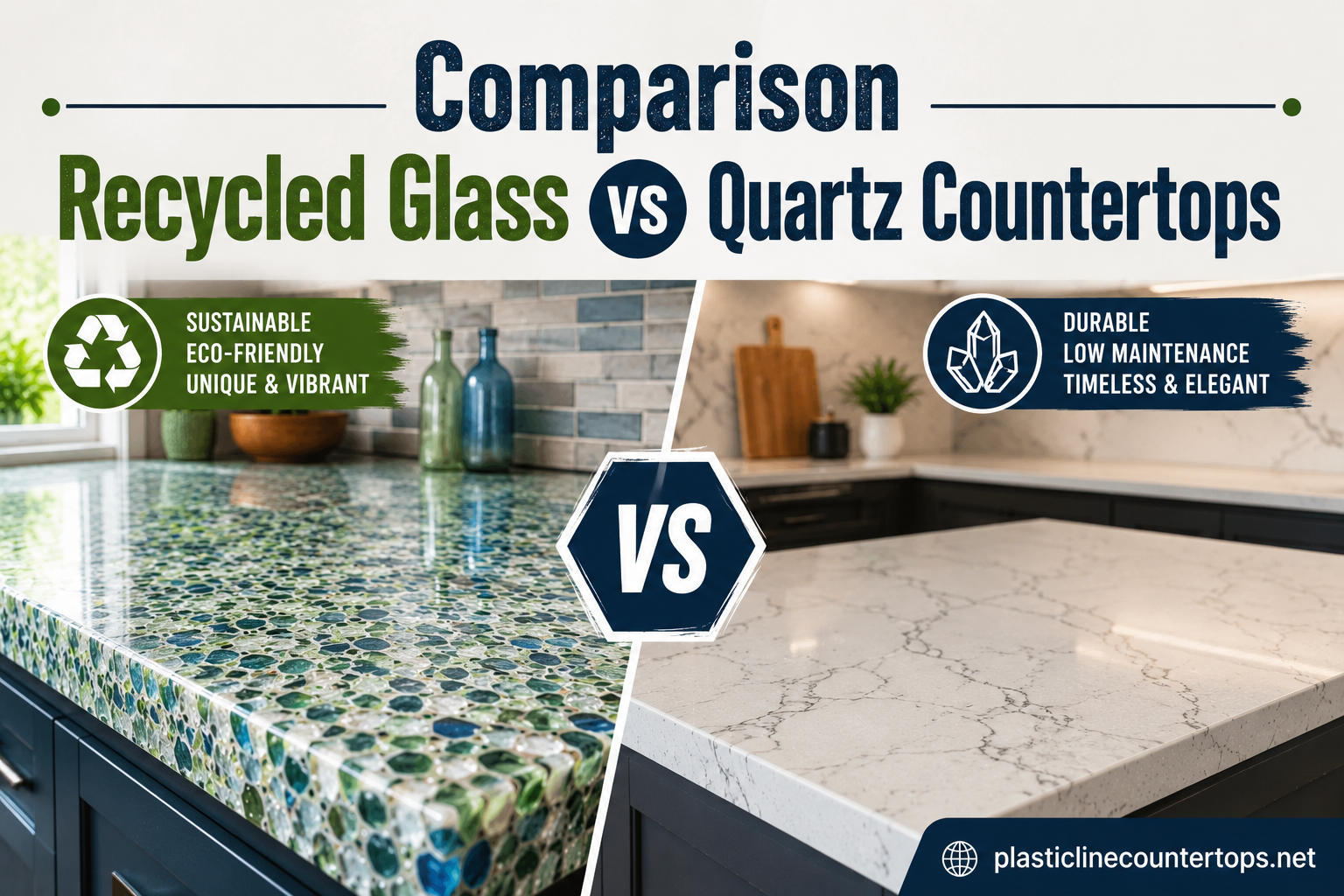 Comparison Recycled Glass vs Quartz Countertops
