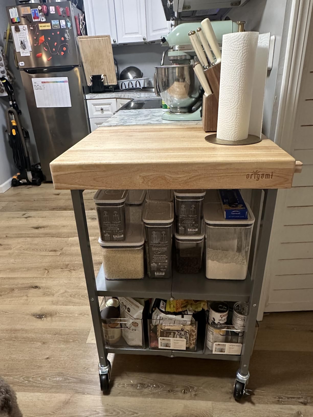 Origami Foldable Kitchen Island Cart, Rolling Storage Table Organizer with Wheels, Silver customer photo 1