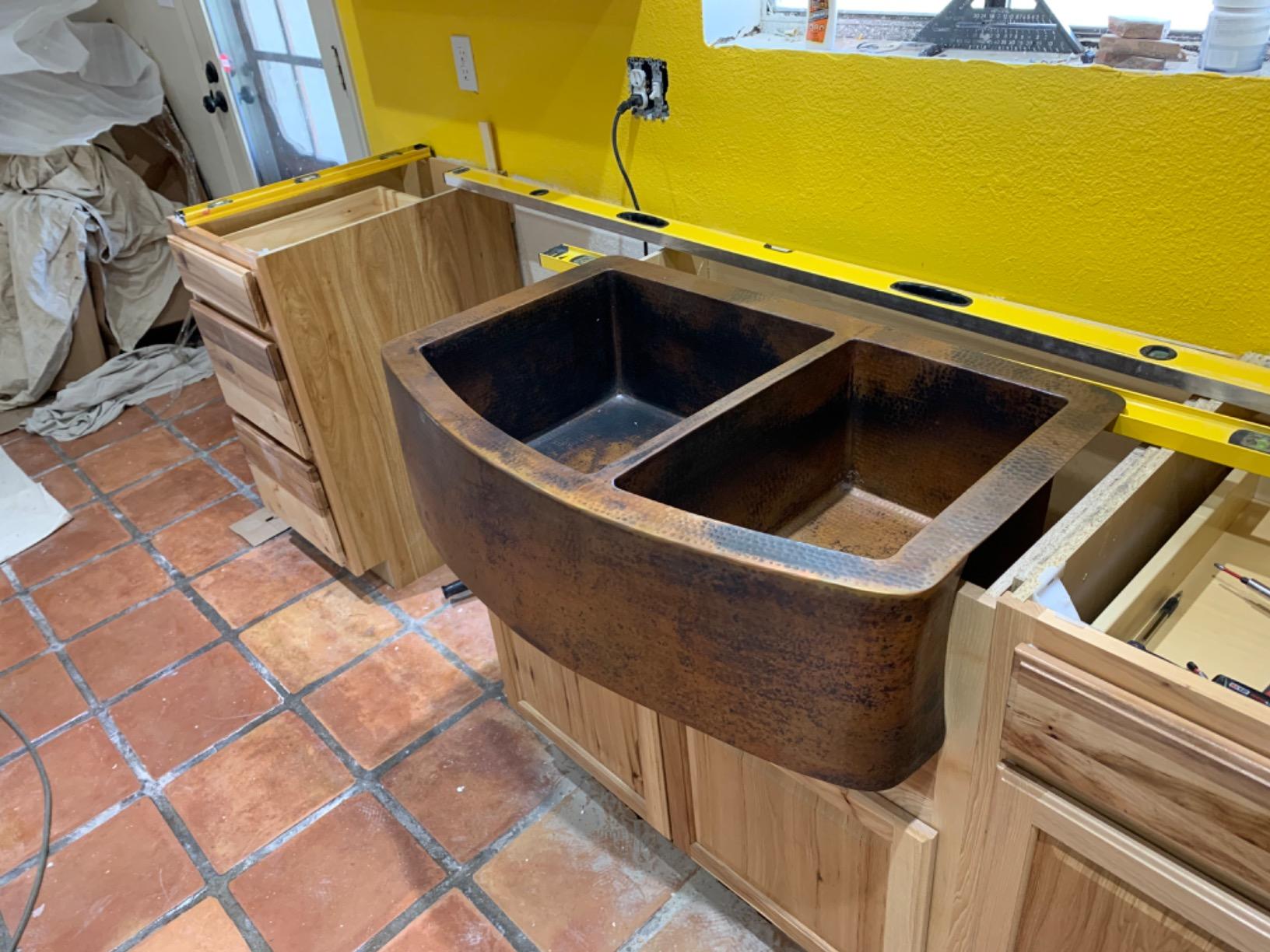 Rounded Apron Front Farmhouse Kitchen Double Bowl Mexican Copper Sink 60/40 33X22 Inches customer photo 1