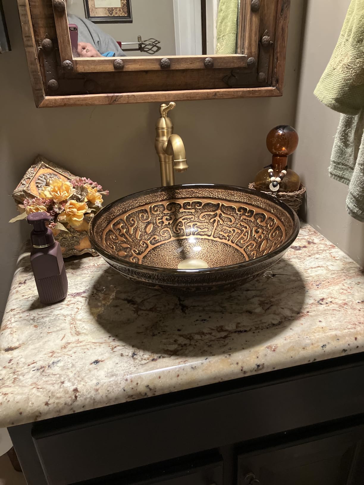 360° Swivel Antique Brass Bathroom Vessel Sink Faucet Single Handle One Hole Matching with Pop Up Drain customer photo 1
