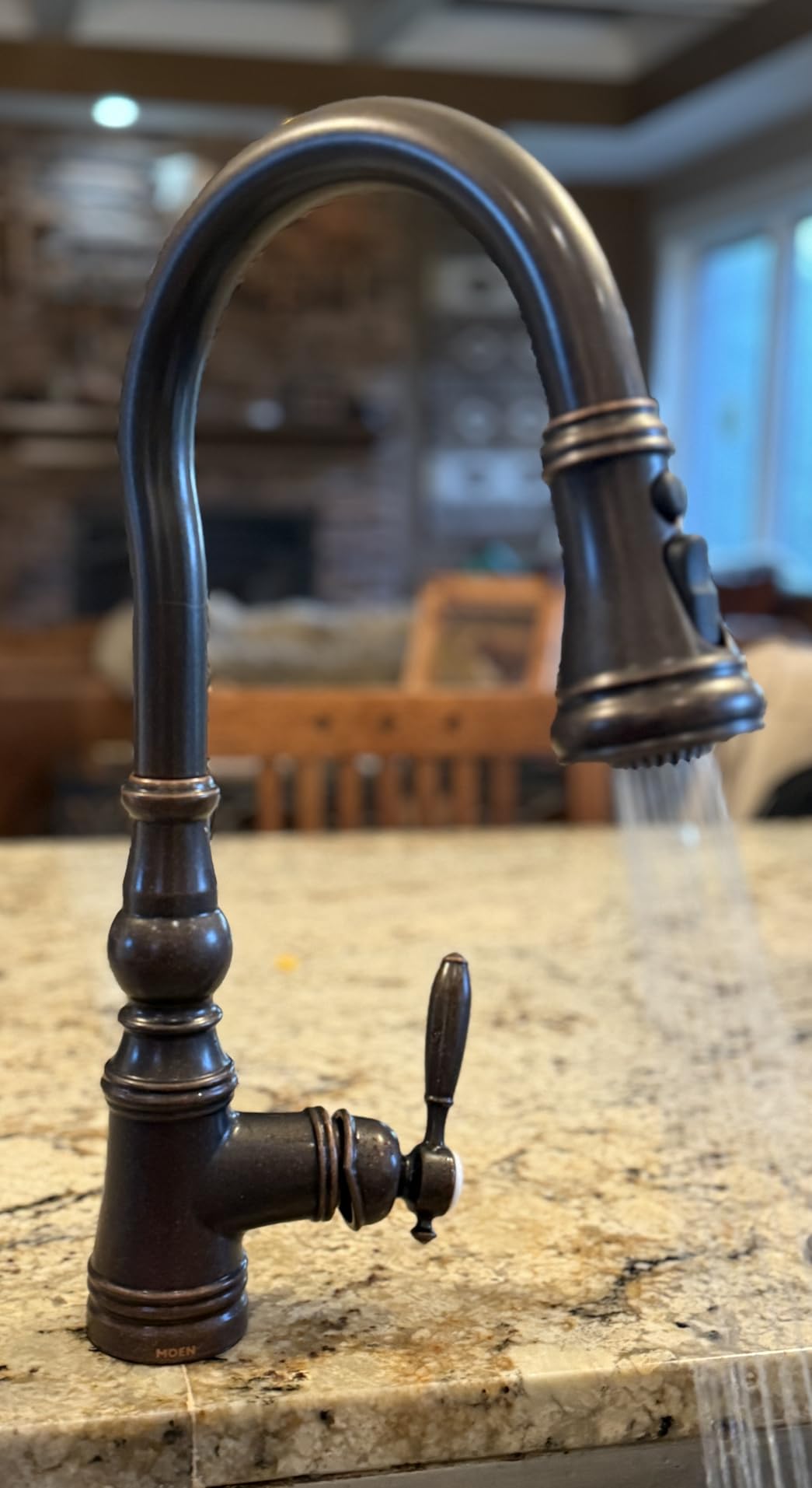 Moen Weymouth Brushed Gold Traditional Shepherd's Hook Pulldown Kitchen Faucet Featuring Pull Down Spray Head with Power Boost, S73004BG customer photo 1