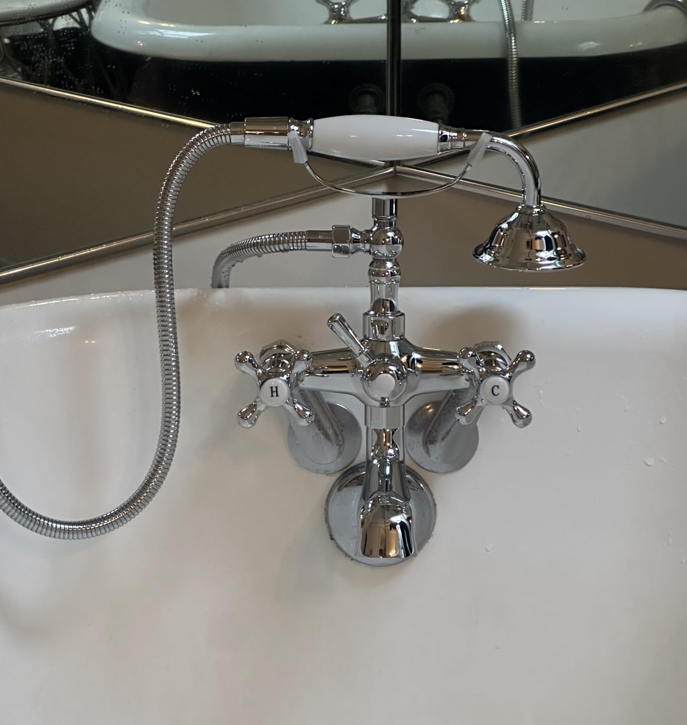 gotonovo Clawfoot Bathtub Faucet Tub Filler with Hand Held Shower Faucet Set Victorian Double Cross Handle 6 Inch Center Adjustable Swing Arms Tub Mount Short Adapter Brushed Nickel customer photo 1