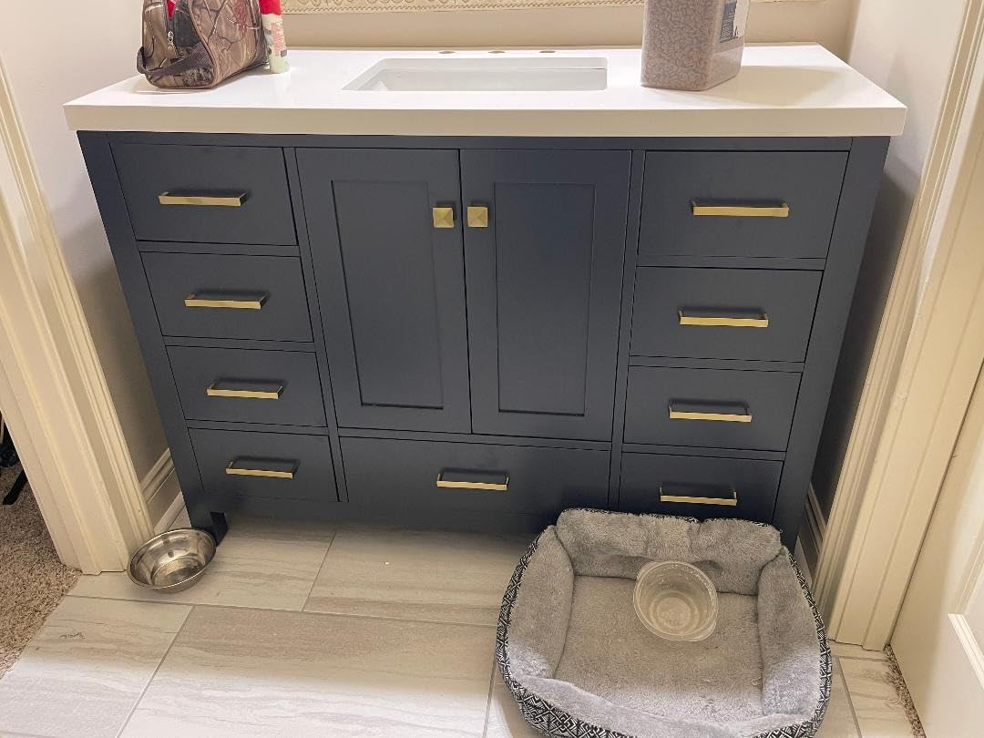 ARIEL Cambridge 48-inch Bathroom Vanity with Sink,Solid Wood, 1.5-inch Pure White Quartz Countertop & Backsplash, Single Rectangular Porcelain Sink, 2 Soft Closing Doors, 9 Dovetail Drawers, White customer photo 2