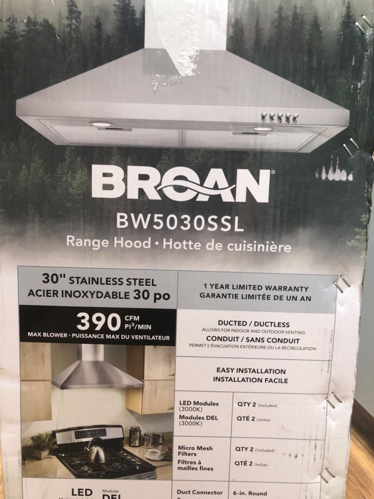 Broan-NuTone BW5030SSL Stainless Steel LED 30-inch Wall-Mount Convertible Chimney-Style Range Hood with 3-Speed Exhaust Fan and Light customer photo 2
