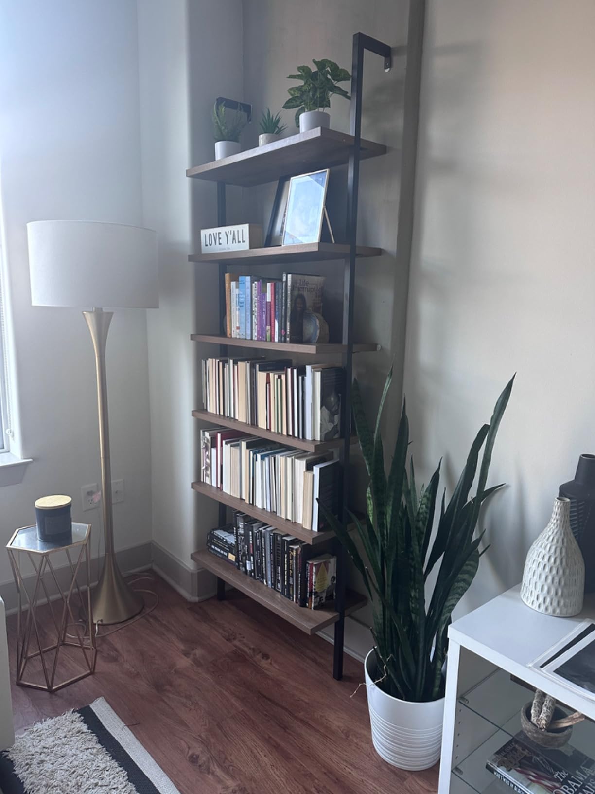 Nathan James Theo 6-Shelf Tall Bookcase, Wall Mount Bookshelf with Reclaimed Wood and Industrial Metal Frame, Oak/Black customer photo 2