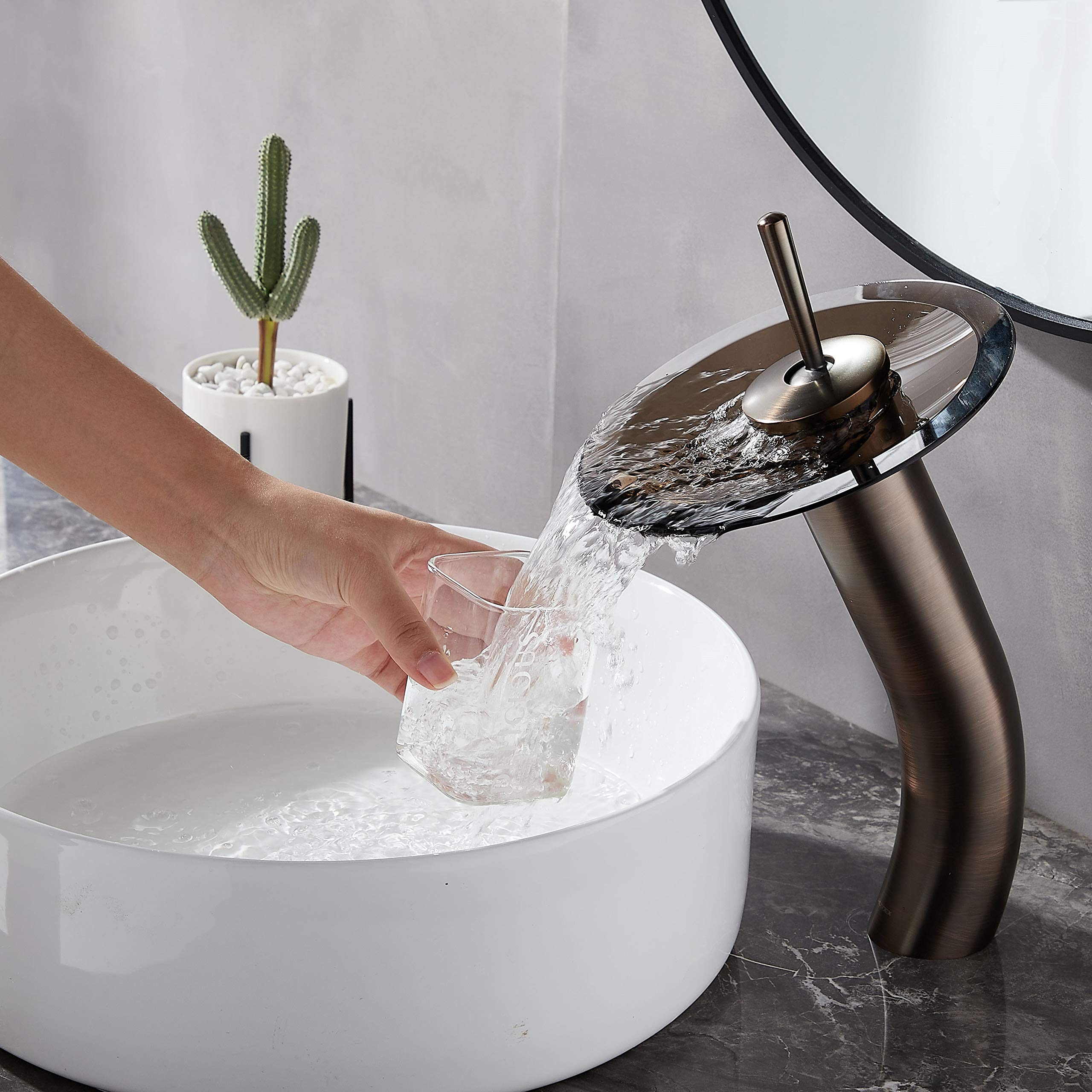 Waterfall Bathroom Faucet Glass Single Handle Solid Brass Basin Lavatory Vessel Sink Vanity Faucet, Tall, Oil Rubbed Bronze customer photo 2