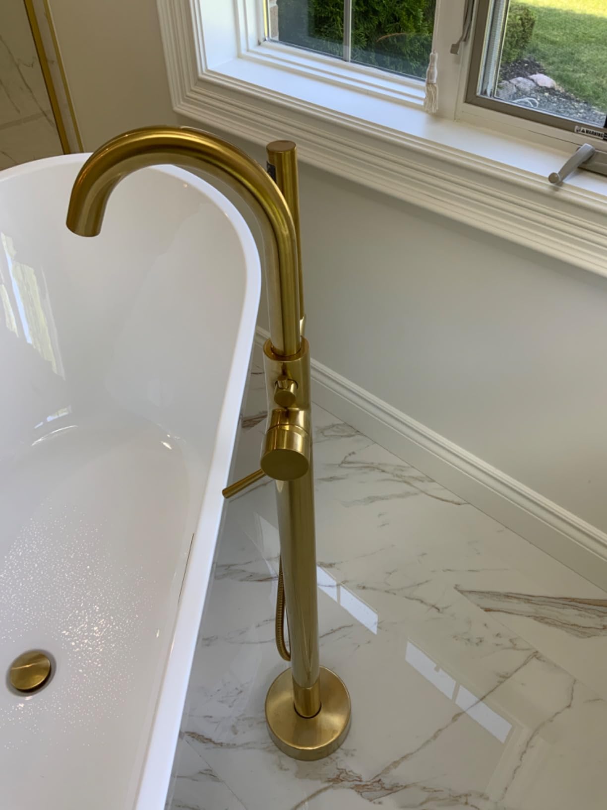 Woodbridge F0001BNRD Contemporary Single Handle Floor Mount Freestanding Tub Filler Faucet with Hand Shower in Brushed Nickel Finish customer photo 1