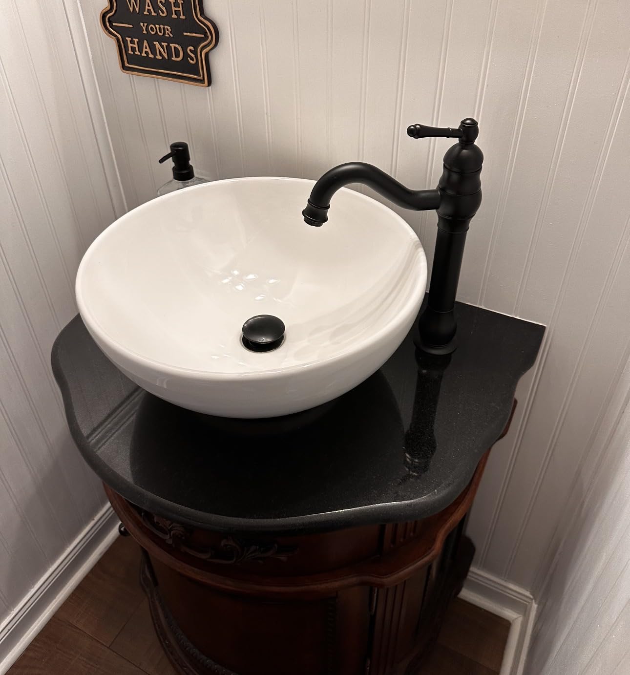 gotonovo Vessel Sink Faucet 360° Swivel Spout Single Handle Tall Bathroom Faucet 1 Hole Farmhouse Lavatory Washbasin Mixer Tap Matching Supply Hoses, with Pop Up Drain, Matte Black customer photo 2