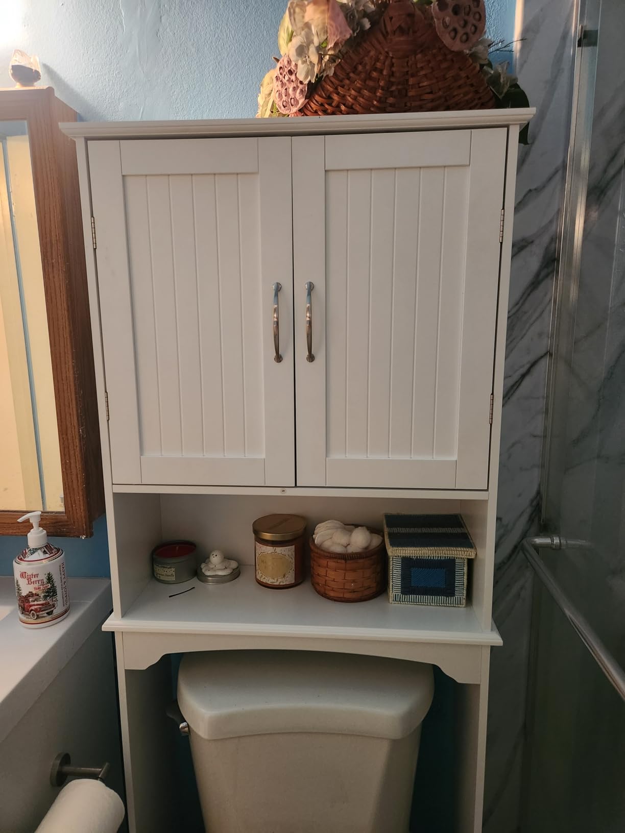 Yaheetech Over The Toilet Cabinet, Double Door Bathroom Storage Organizer, Toilet Rack with Inner Adjustable Shelf and Open Storage Shelf, White customer photo 1