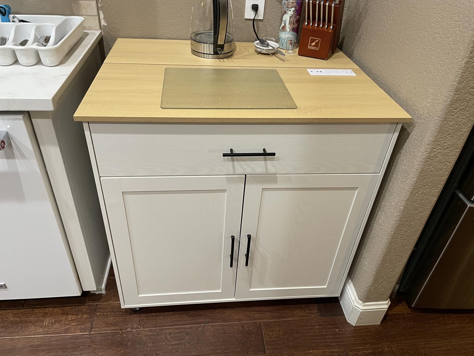 IRONCK Kitchen Island with Storage, Rolling Kitchen Island on Wheels with Drop Leaf, 3 Open Spice Rack Shelf, Door Cabinet, Drawer, Kitchen Cart Island Table for Kitchen, White customer photo 2