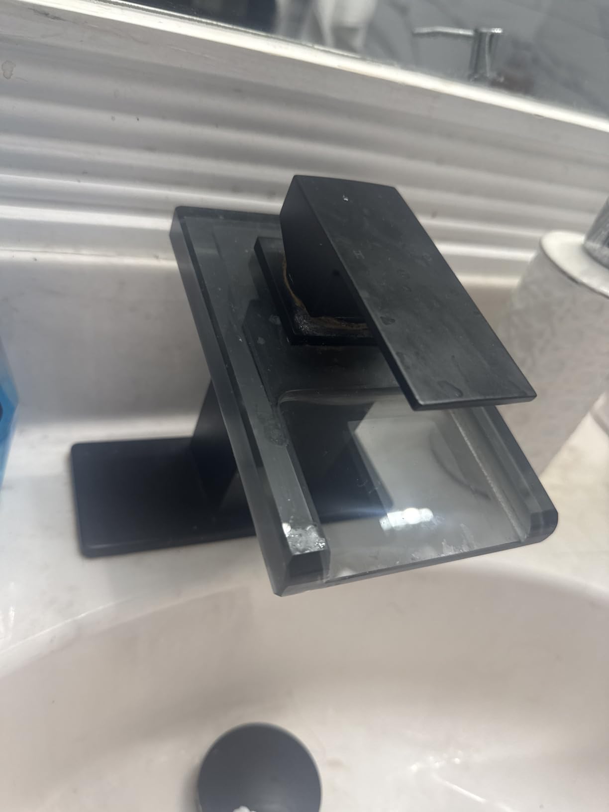 AVSIILE LED Bathroom Sink Faucet, Matte Black Waterfall Single Hole Handle Vanity Faucets for Sinks 1 Hole with Metal Pop Up Drain and 2 Water Supply Lines, Open Glass Spout customer photo 2