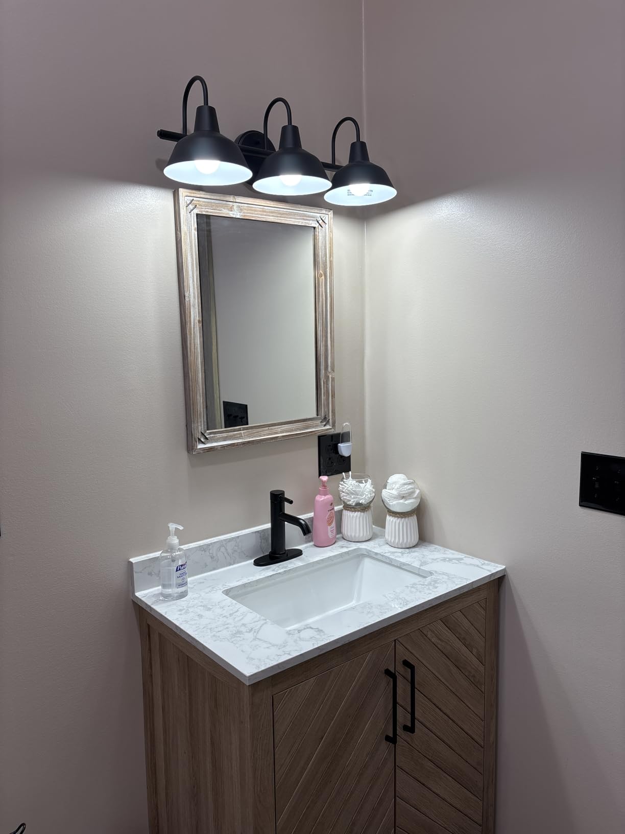 Globe Electric 65554 Barnyard 3-Light Vanity Light, Matte Black, White Interior Shades customer photo 1