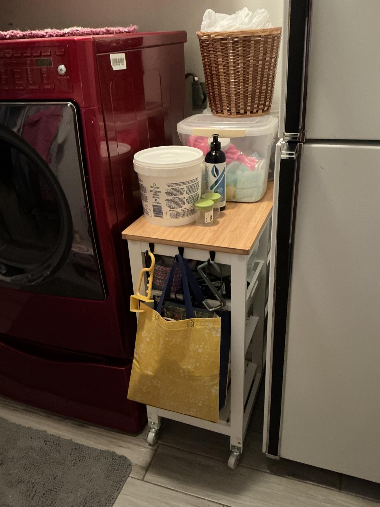 Yaheetech Kitchen Island Cart on Wheels, Rolling Storage Cart with Bamboo Countertop, 3 Drawers, 3 Removable Shelves & Lockable Casters for Dining Room, Bar, White customer photo 2