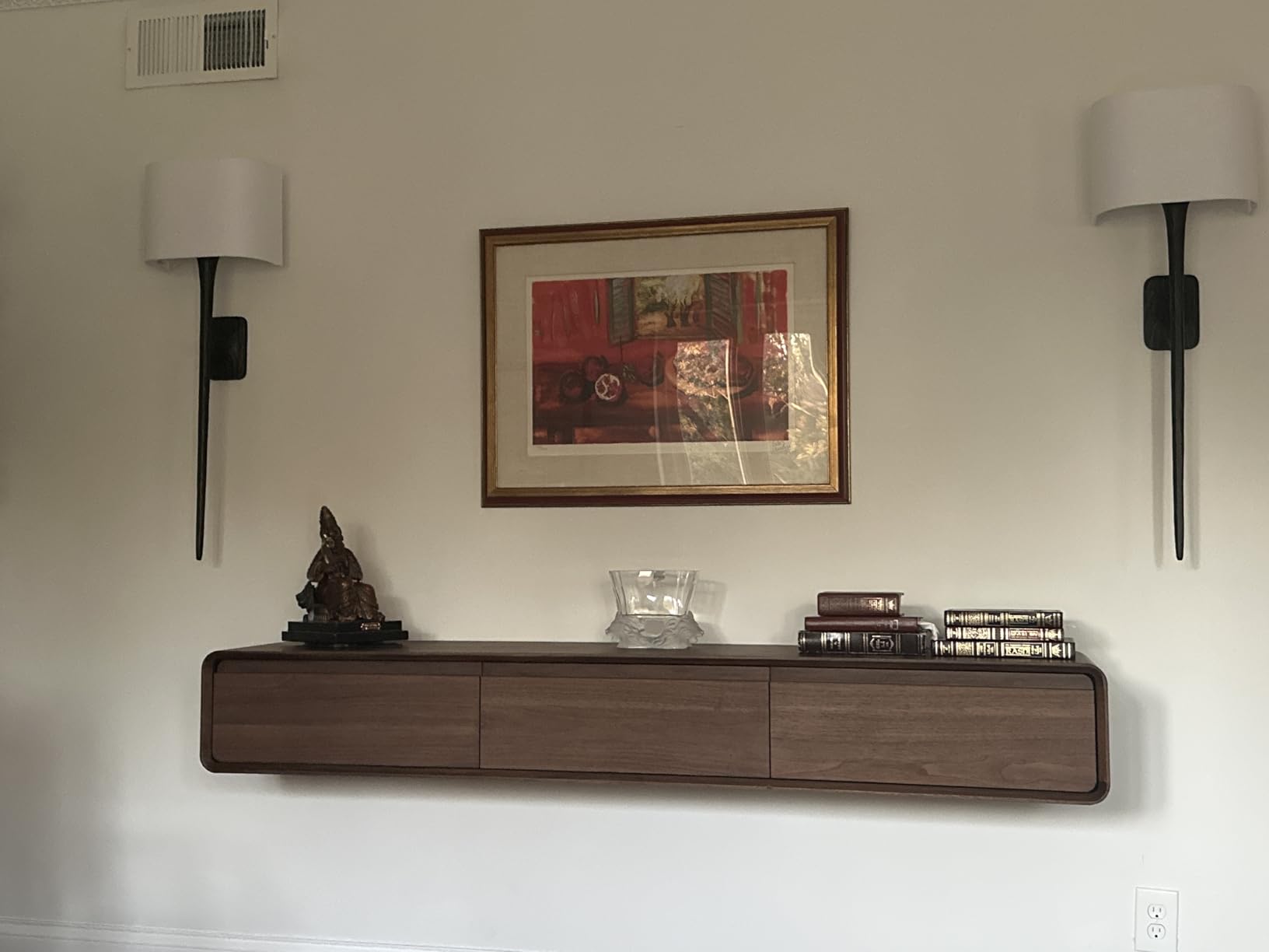 POVISON Fully-Assembled Minimalist Floating TV Stand, Modern Wall-Mounted Entertainment Center with 4 Flip-Down Cabinet Doors, Solid Wood Media Console, Walnut Veneer, 94