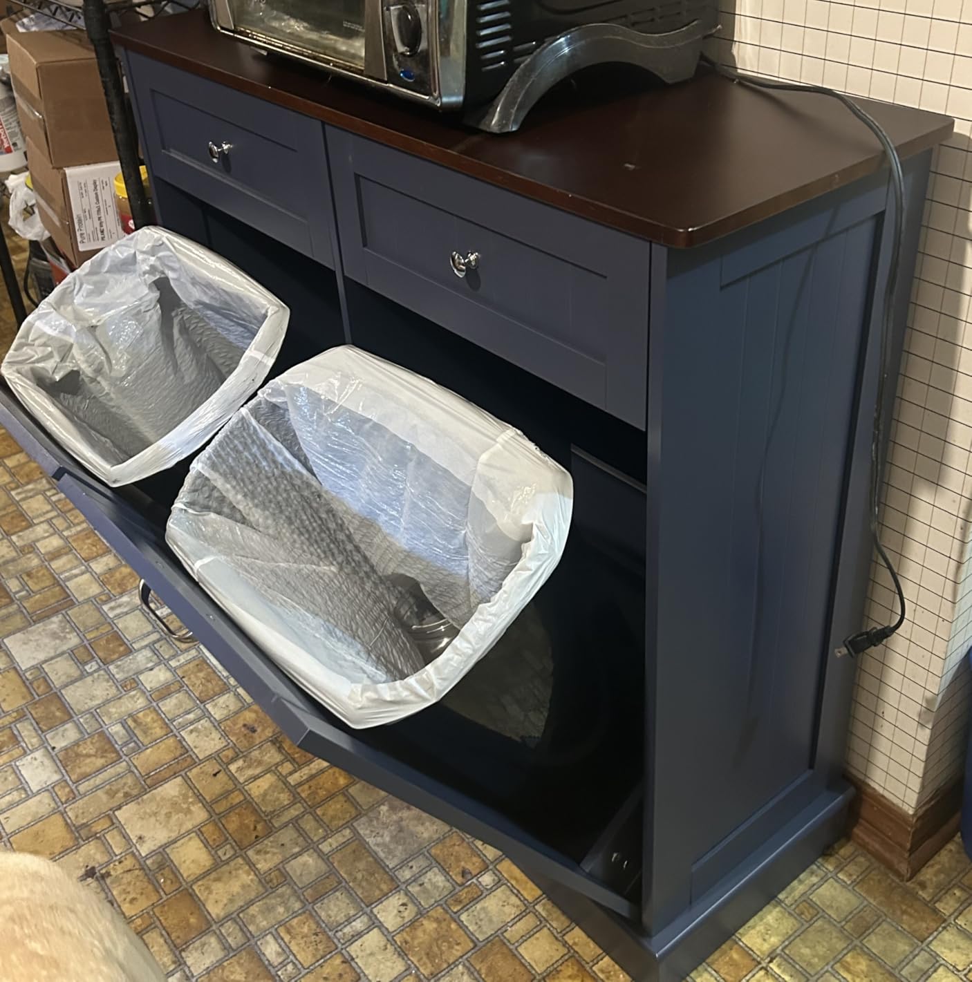 Betterhood 2 x 10 Gallon Tilt Out Trash Cabinet with 2 Big Storage Drawer, Wooden Trash Garbage Can Cabinet, Mid-Century Modern Recycling Cabinet & Laundry Sorter for Kitchen Dining Room, Blue customer photo 2
