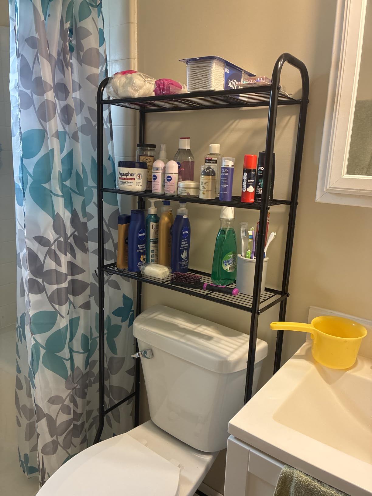 Simple Trending Over The Toilet Storage Rack, Metal 3 Tier Bathroom Organizer Shelf with Paper Holder and 3 Hooks, Freestanding Shelf Space Saver Above Toilet, White customer photo 1