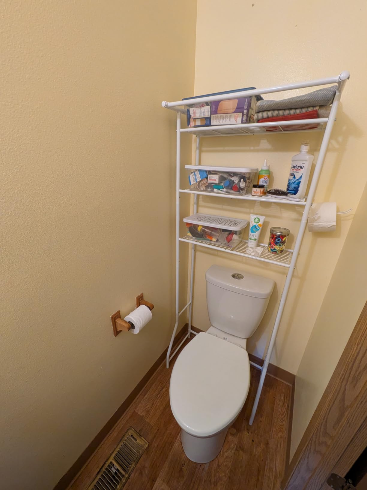 Simple Trending Over The Toilet Storage Rack, Metal 3 Tier Bathroom Organizer Shelf with Paper Holder and 3 Hooks, Freestanding Shelf Space Saver Above Toilet, White customer photo 2