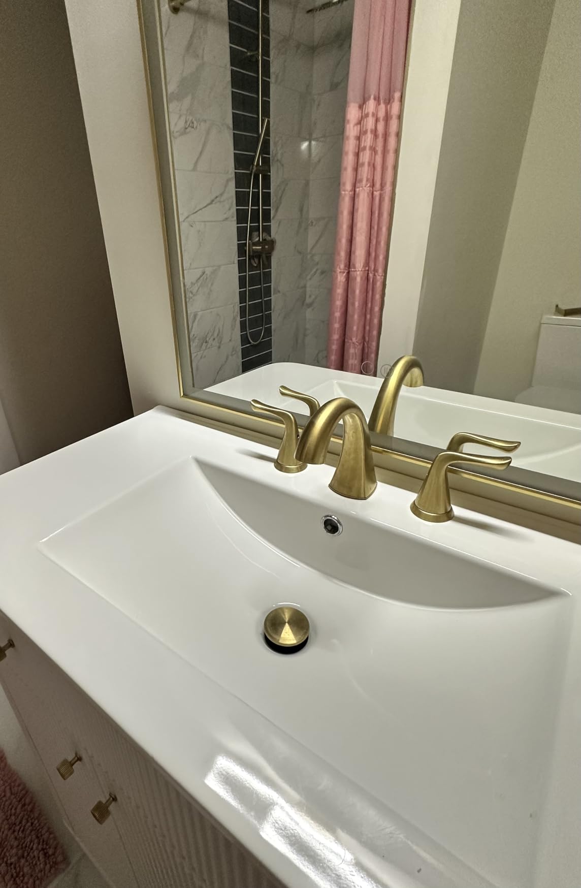 Pfister Willa Bathroom Sink Faucet 8 in Widespread 3 Hole Double Handle Brushed Gold Finish NSF Certified Push & Seal Drain TiteSeal Technology Vanity Faucet LF049MALBG customer photo 1