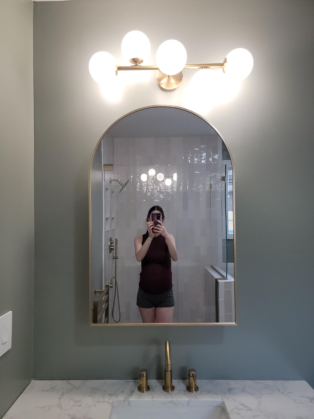Mid Century Modern Bathroom Vanity Lights, 5-Light Bathroom Light Fixtures Brass Gold Bathroom Lights Semi-Flush Mount Ceiling Light, Gold Wall Sconce Wall Light with Globe Frosted Milk Glass, G9 Base customer photo 2