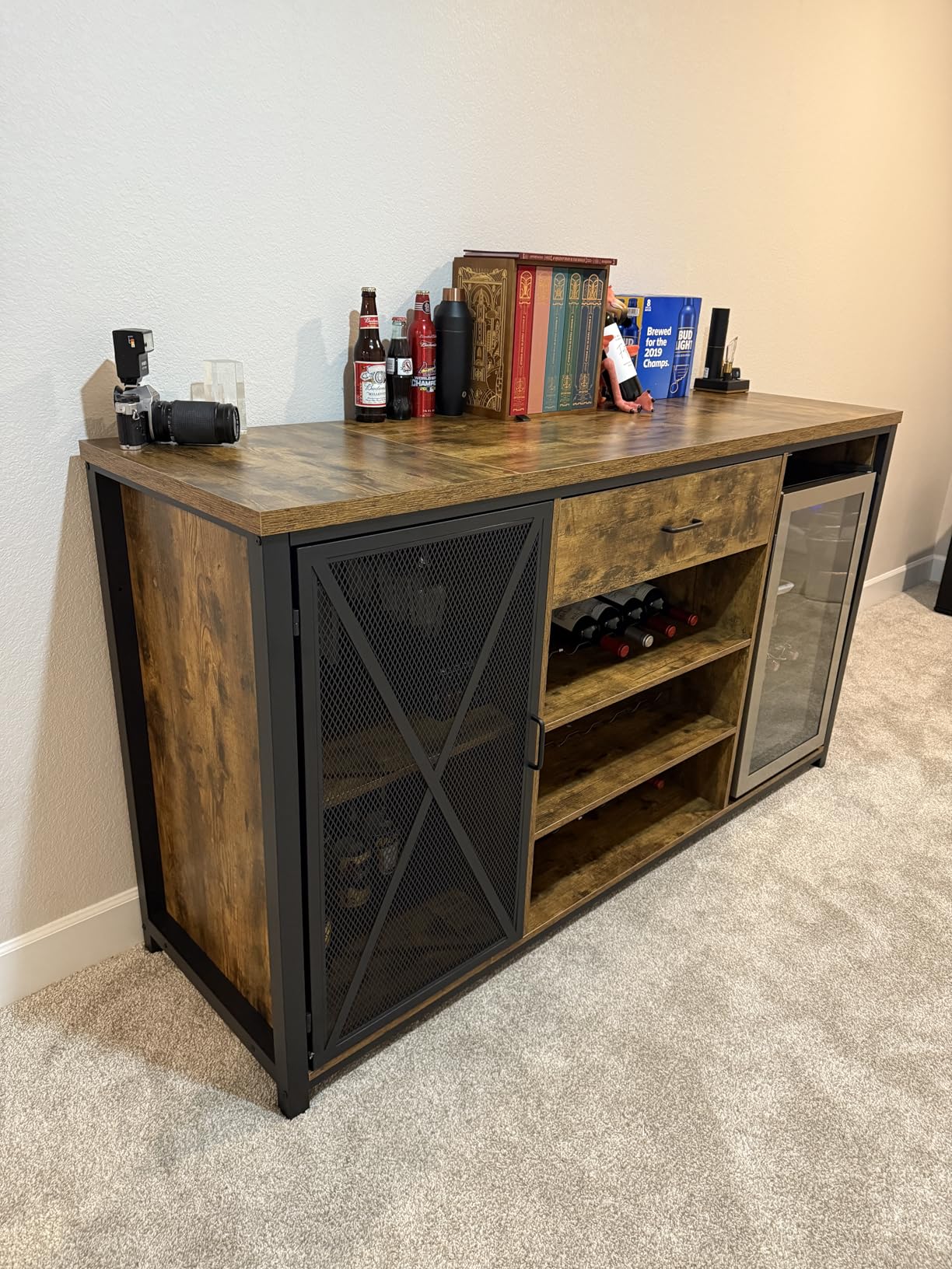 LVB Long Bar Cabinet with Fridge Space, Farmhouse Big Liquor Cabinet with Drawer Storage, Rustic Wood Metal Large Wine Cabinet with Rack, Modern Sideboard Buffet for Kitchen Dining Room, Gray, 70 Inch customer photo 1