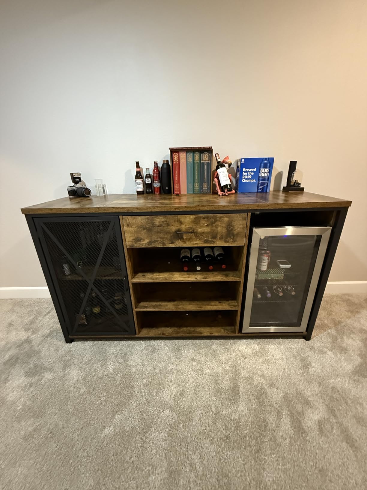 LVB Long Bar Cabinet with Fridge Space, Farmhouse Big Liquor Cabinet with Drawer Storage, Rustic Wood Metal Large Wine Cabinet with Rack, Modern Sideboard Buffet for Kitchen Dining Room, Gray, 70 Inch customer photo 2