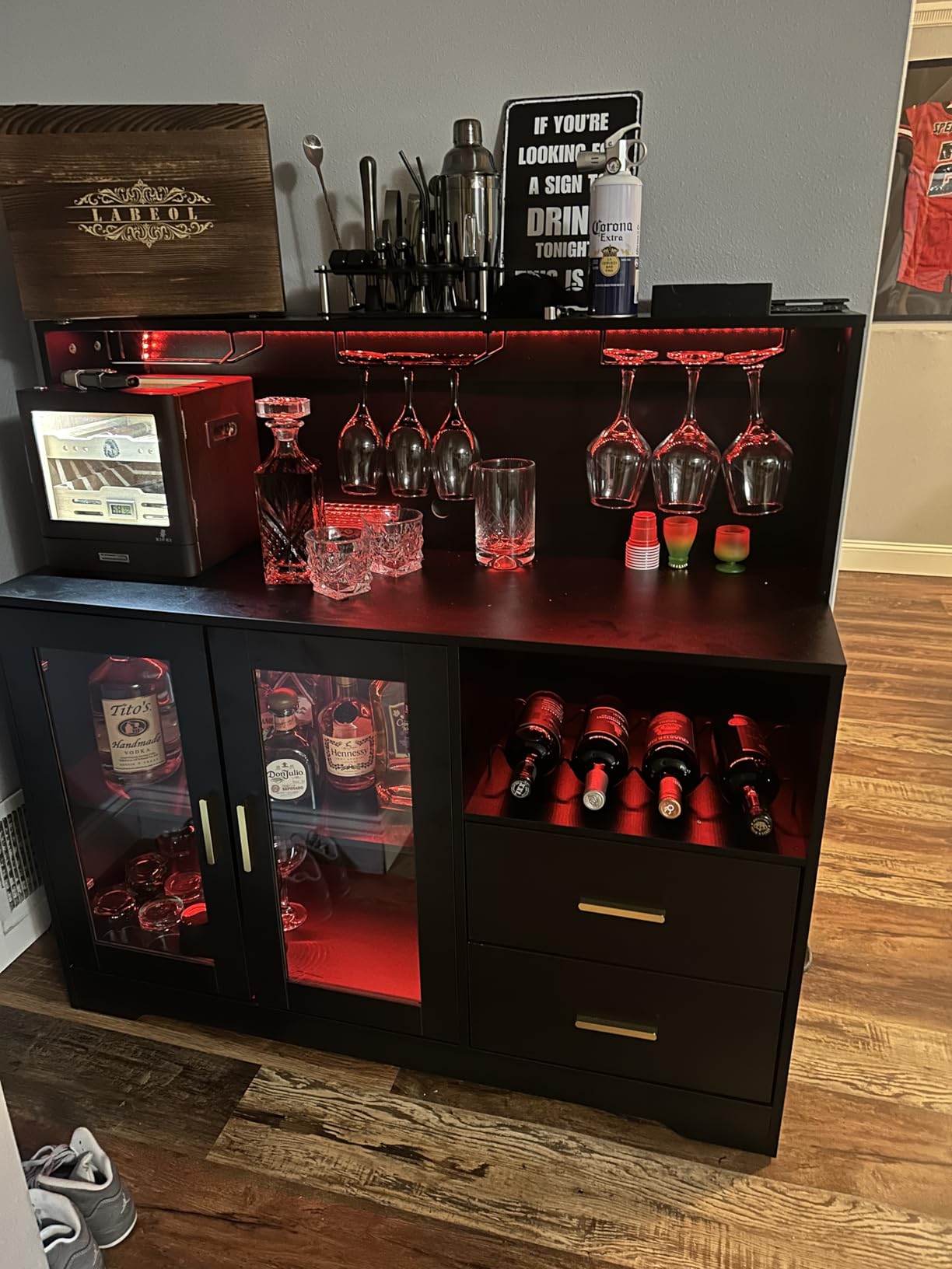 Bar Cabinet for Home with LED Light, Coffee Bar Cabinet with Wine & Glass Rack, Wine Cabinets with Drawers & Microwave Stand, Modern Liquor Cabinets for Kitchen, Living Room, Dining Room (Black) customer photo 1