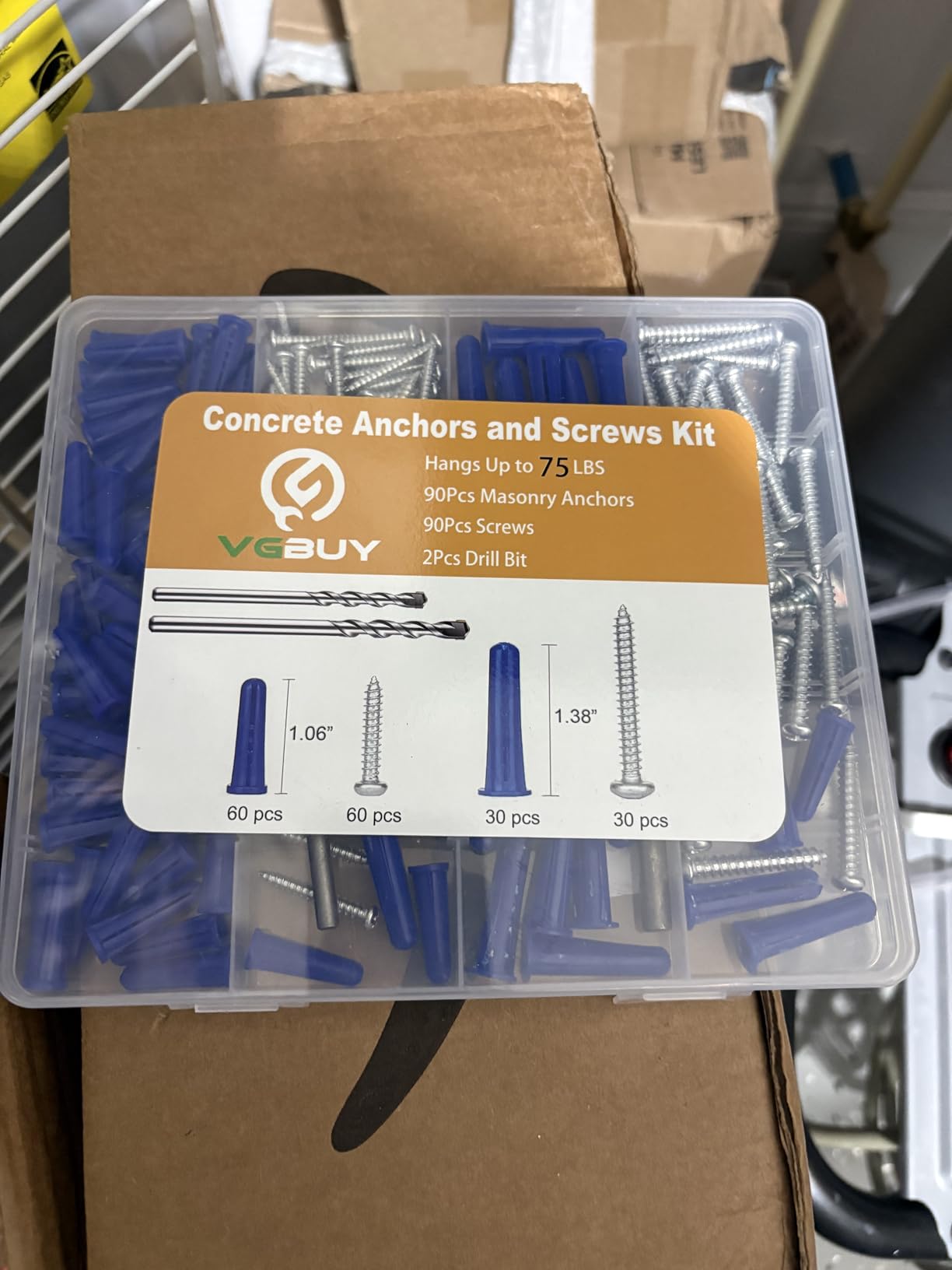VGBUY 180PCS Conical Concrete Anchors and Screws Assortment Kit, 90PCS Concrete Wall Anchors, 90PCS Self Tapping Screws for Masonry Stucco Brick Cement Cinder Block Tile, with 2PCS Drill Bit customer photo 2
