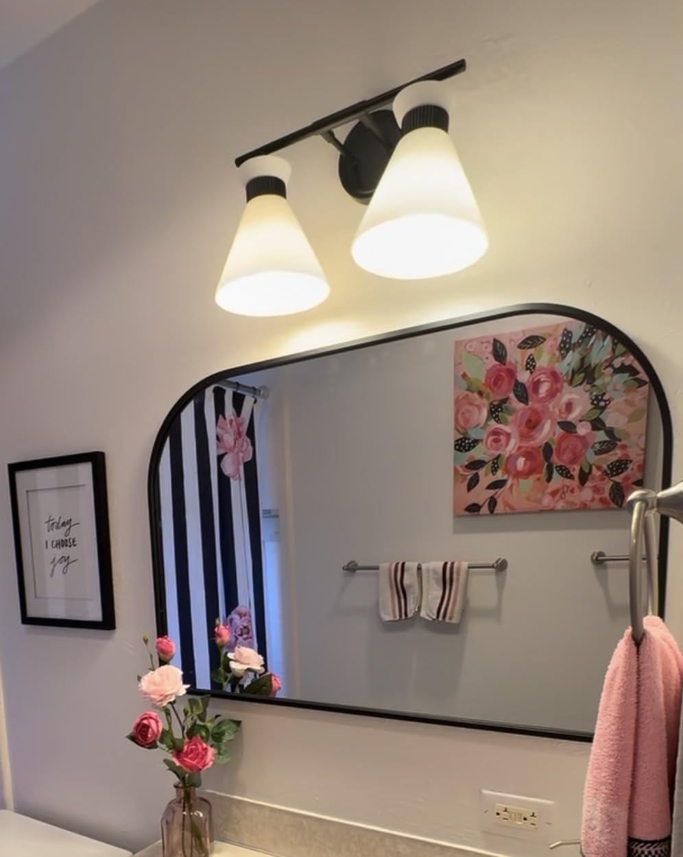 WOSHITU Bathroom Vanity Light Fixtures: 3-Lights Mid Century Modern Vanity Lights for Bathroom Over Mirror, Brushed Gold Wall Sconce Lighting with Frosted Milky Glass Shade customer photo 1