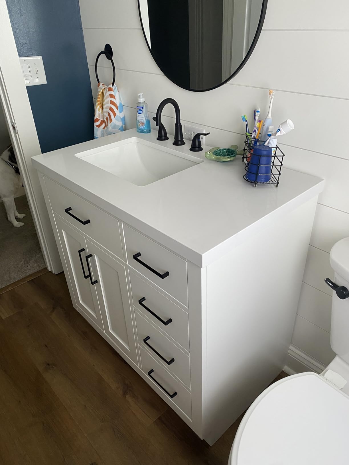 ARIEL Hepburn 36-inch Bathroom Vanity with Sink,Solid Wood, 1.5-inch Carrara White Quartz Countertop & Backsplash, Single Rectangular Porcelain Sink, 2 Soft Closing Doors, 5 Dovetail Drawers, White customer photo 1