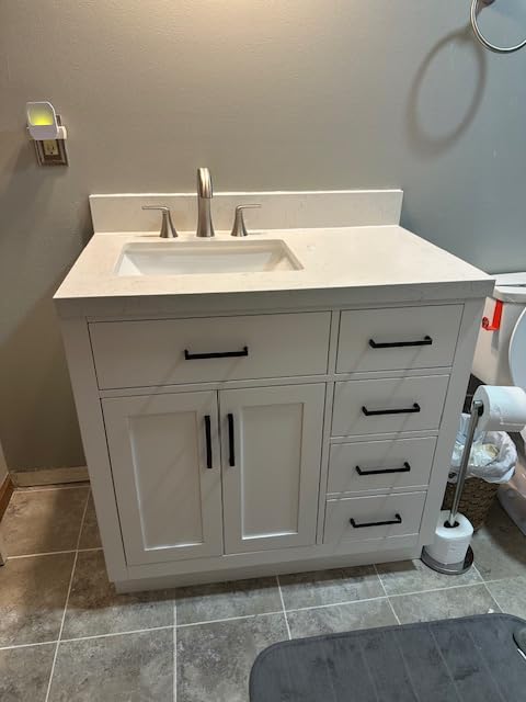 ARIEL Hepburn 36-inch Bathroom Vanity with Sink,Solid Wood, 1.5-inch Carrara White Quartz Countertop & Backsplash, Single Rectangular Porcelain Sink, 2 Soft Closing Doors, 5 Dovetail Drawers, White customer photo 2