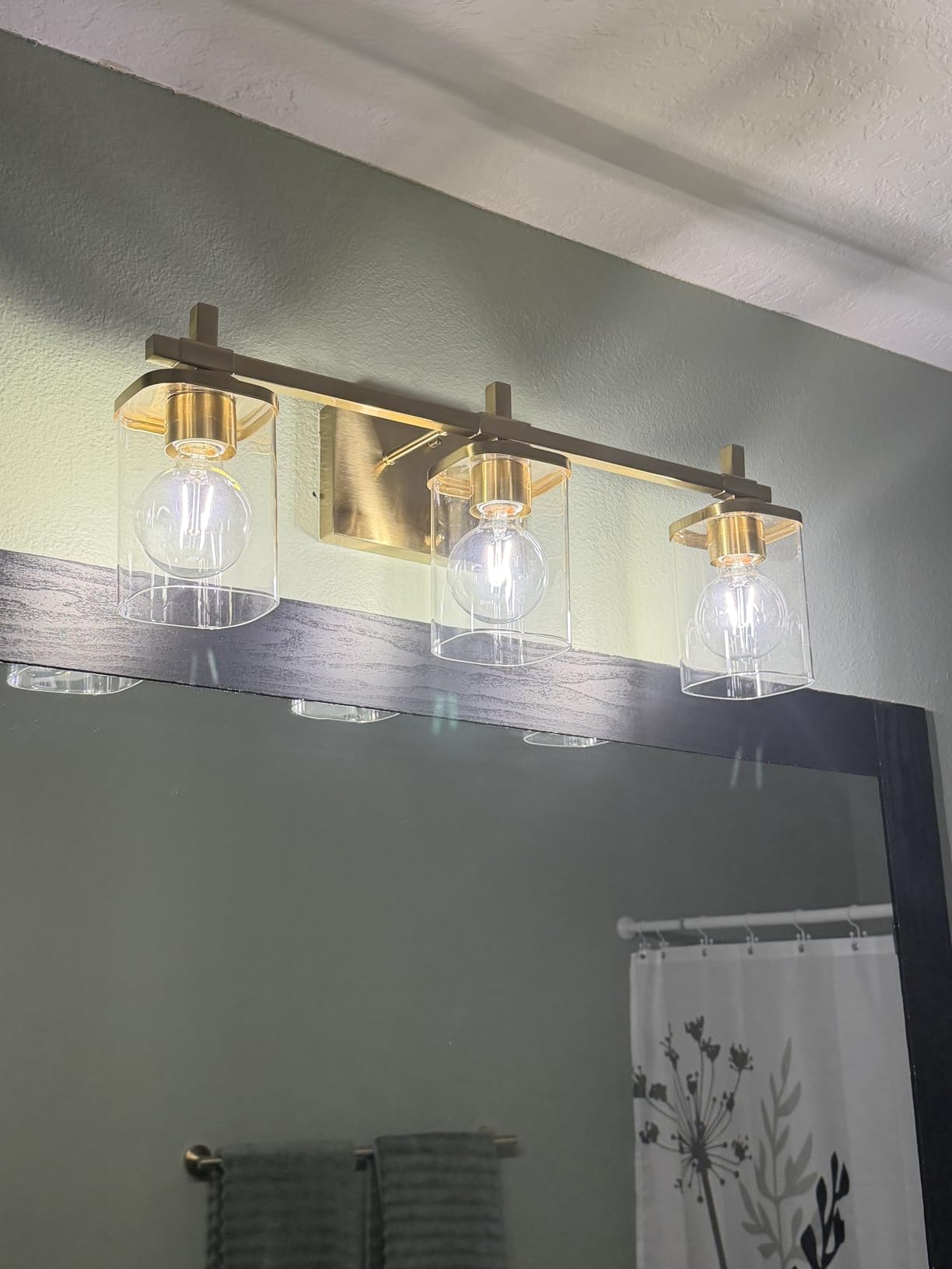 3-Lights Black and Gold Bathroom Light Fixtures Over Mirror, Modern Brushed Gold Vanity Lights for Bathroom, Sconces Wall Lighting with Square Glass Shade for Mirror Bedroom Hallway customer photo 2