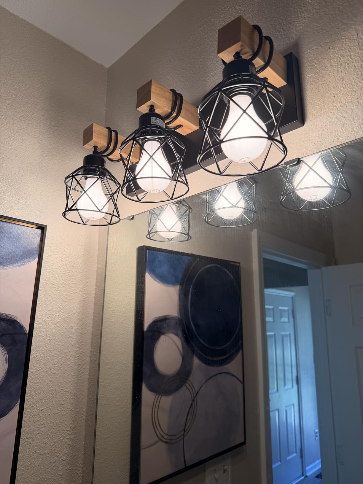FadimiKoo 3-Light Farmhouse Vanity Light for Bathroom, Wood Bathroom Light Fixtures Over Mirror, Industrial Black Vanity Light with Metal Lampshade for Bedroom Hallway Living Room customer photo 1