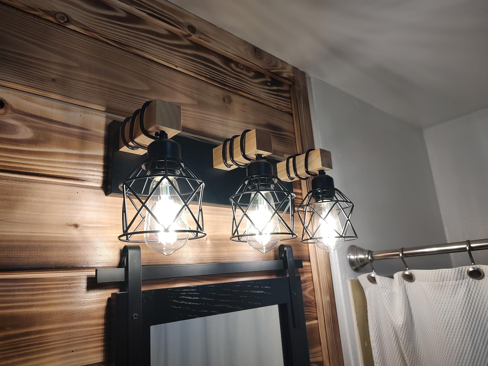 FadimiKoo 3-Light Farmhouse Vanity Light for Bathroom, Wood Bathroom Light Fixtures Over Mirror, Industrial Black Vanity Light with Metal Lampshade for Bedroom Hallway Living Room customer photo 2