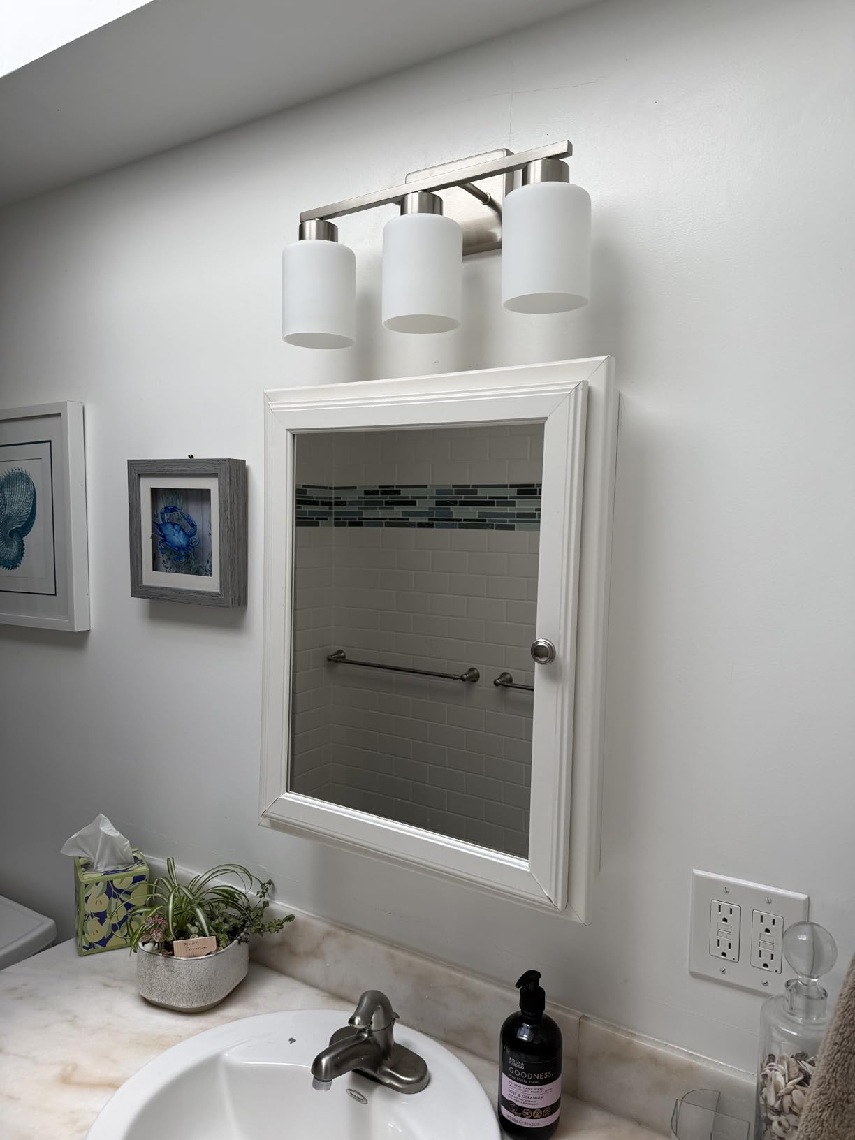 FonmYim Black Bathroom Light Fixtures, 3-Light Modern Vanity Light Over Mirror, Wall Sconces with Milky White Frosted Glass Shades, E26 Socket (Bulbs Not Included) customer photo 2