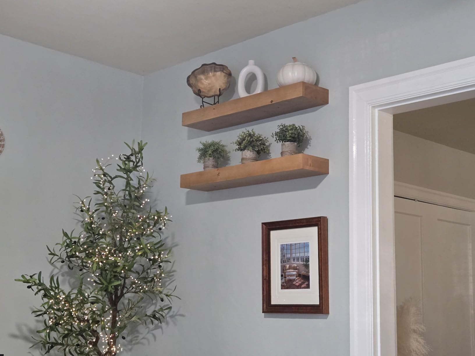 Urbandi Modern Floating Shelves 3 Inches Thick for Wall, Wide Shelves for Kitchen, Living Room, Bedroom, and Bathroom, Natural Pine Wood, Rustic Wooden Shelf, (Set of 2) (Aged Oak, 36Lx3Hx8D) customer photo 1