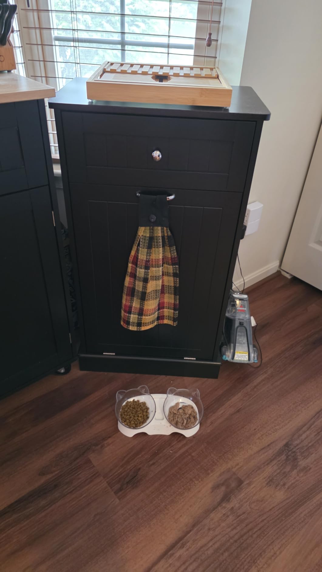 KIGOTY Tilt Out Trash Cabinet,Wooden Kitchen Trash Bin Holder Garbage Bin Recycling Cabinet Laundry Hamper with Solid Wood Countertop and Hideaway Drawer (Black) customer photo 1