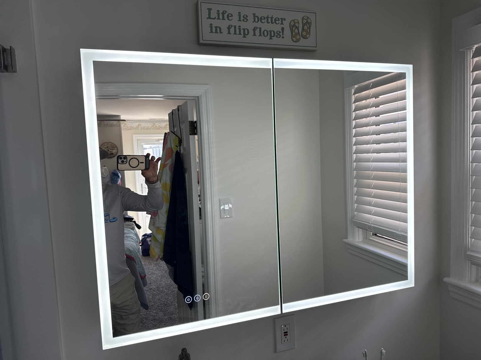 24x32 Inch Medicine Cabinet with Lights, AL Alloy Frame, Plug-in or Hardwired, Recessed or Wall Mount, Mirror Doors/3 Colors/Dimmable/Interior Sensor Light/Defog,2 Outlets &USBs,3 Shelves customer photo 1