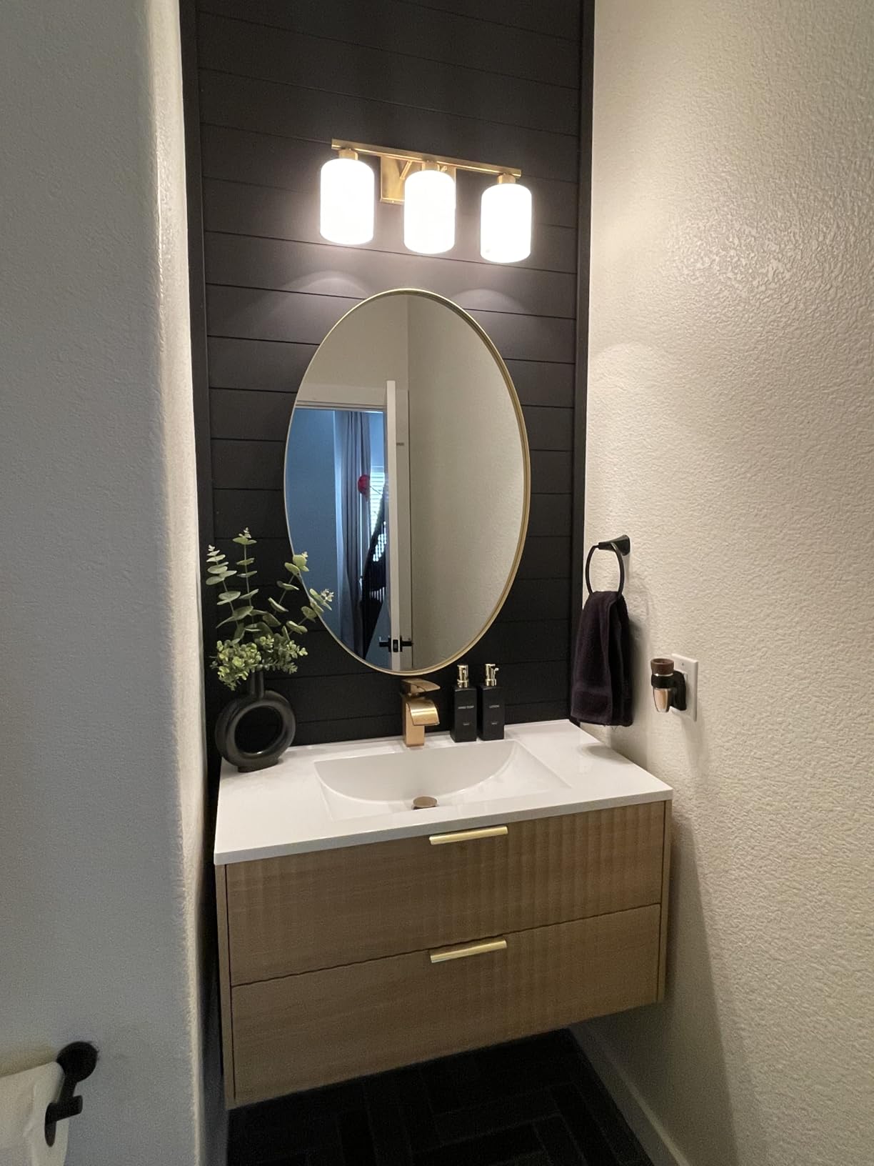 PARTPHONER Bathroom Light Fixtures, Modern Vanity Light with Textured White Glass Shade, Brushed Gold, 3-Light customer photo 1