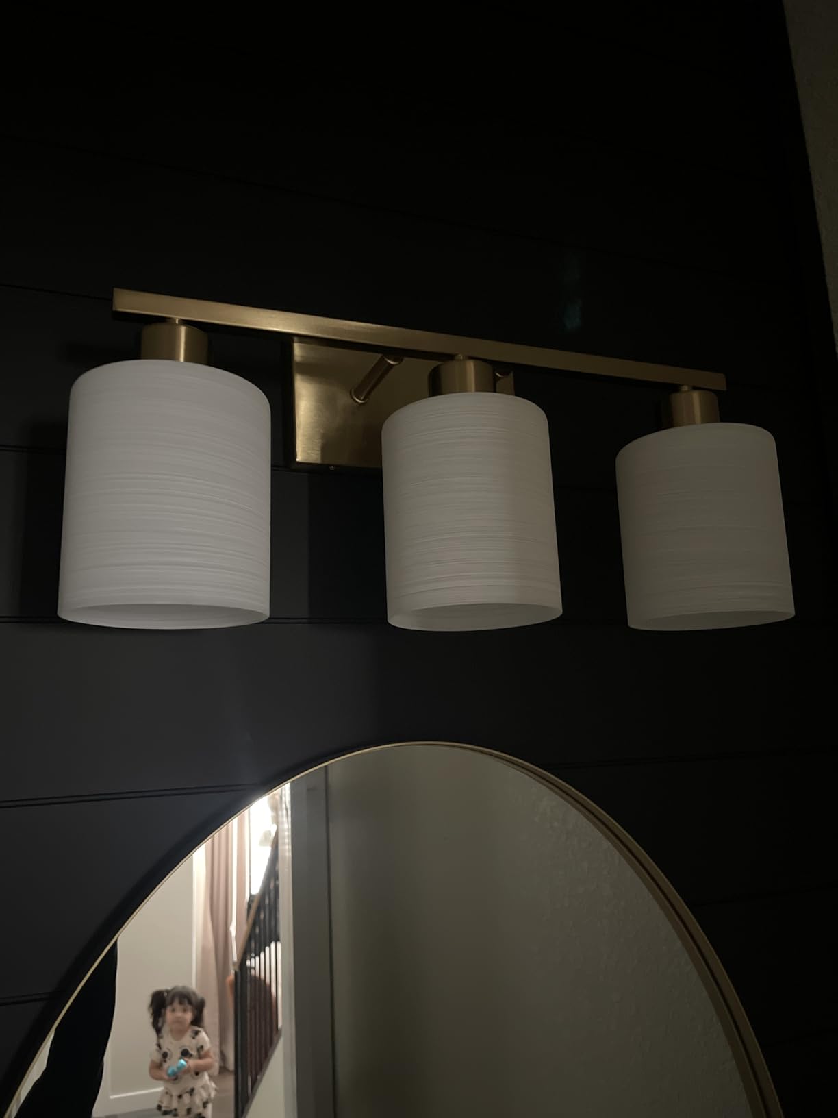 PARTPHONER Bathroom Light Fixtures, Modern Vanity Light with Textured White Glass Shade, Brushed Gold, 3-Light customer photo 2