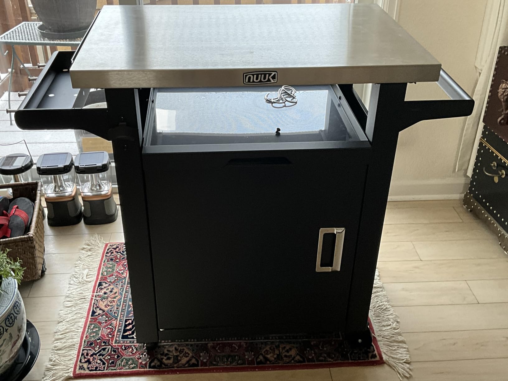 NUUK Outdoor Grill Cart with Storage Cabinet Metal Kitchen Island Prep Table with Movable Universal Wheels and Stainless Steel Top for Outside BBQ Backyard Include Hooks Spice Rack customer photo 1
