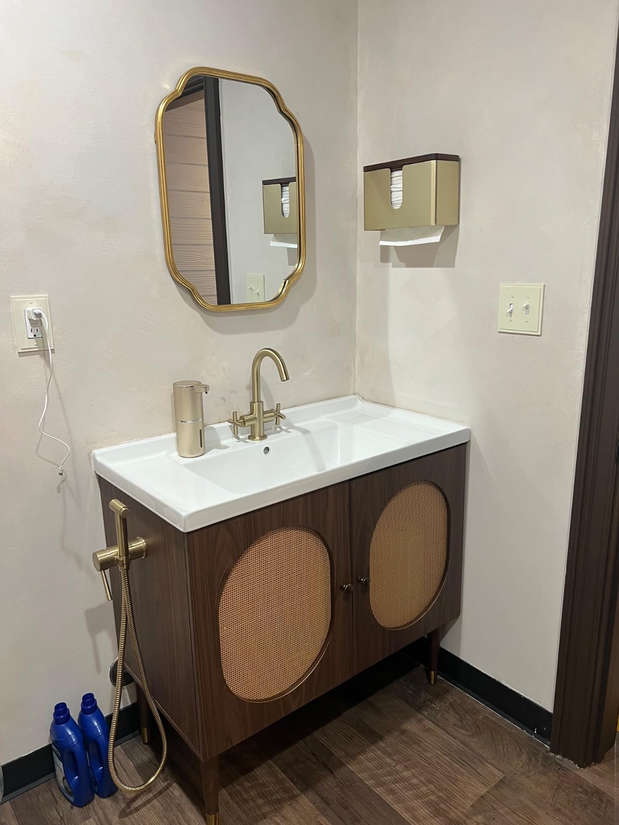 DWVO 24 Inch Rattan Vanity with Sink, Small Freestanding Bathroom Vanity Cabinet, Boho Style with 2 Large Soft-Closing Doors & Four-Sided Water Barrier Strip, Walnut customer photo 2