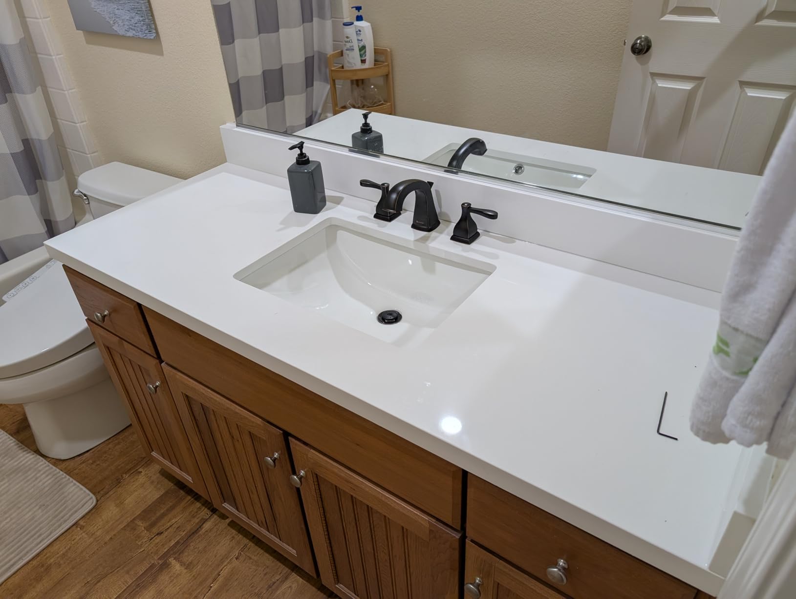 ARIEL 61 inch Bathroom Vanity top with Sink, 1.5 Inch Thick Miter Edge White Quartz top, Rectangle Single Porcelain Sink, Includes Backsplash customer photo 1