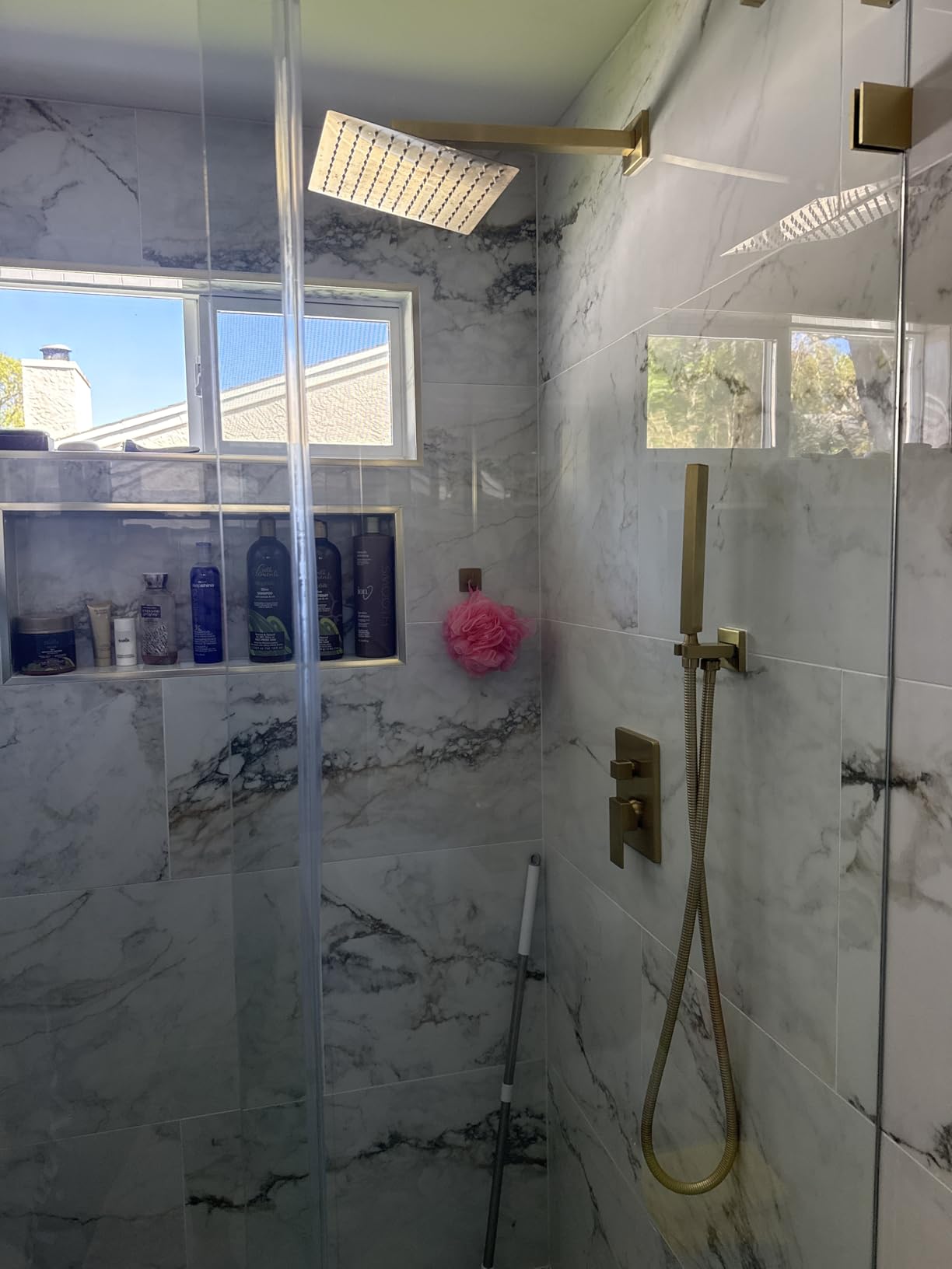 Kurpot Gold Shower System, 10'' Square Rainfall Shower Head with Handheld Combo Spray, Bathroom Brushed Gold Shower Faucet Set with Valve, 59'' Shower Hose, Shower Trim Kit and Diverter, Wall Mounted customer photo 2