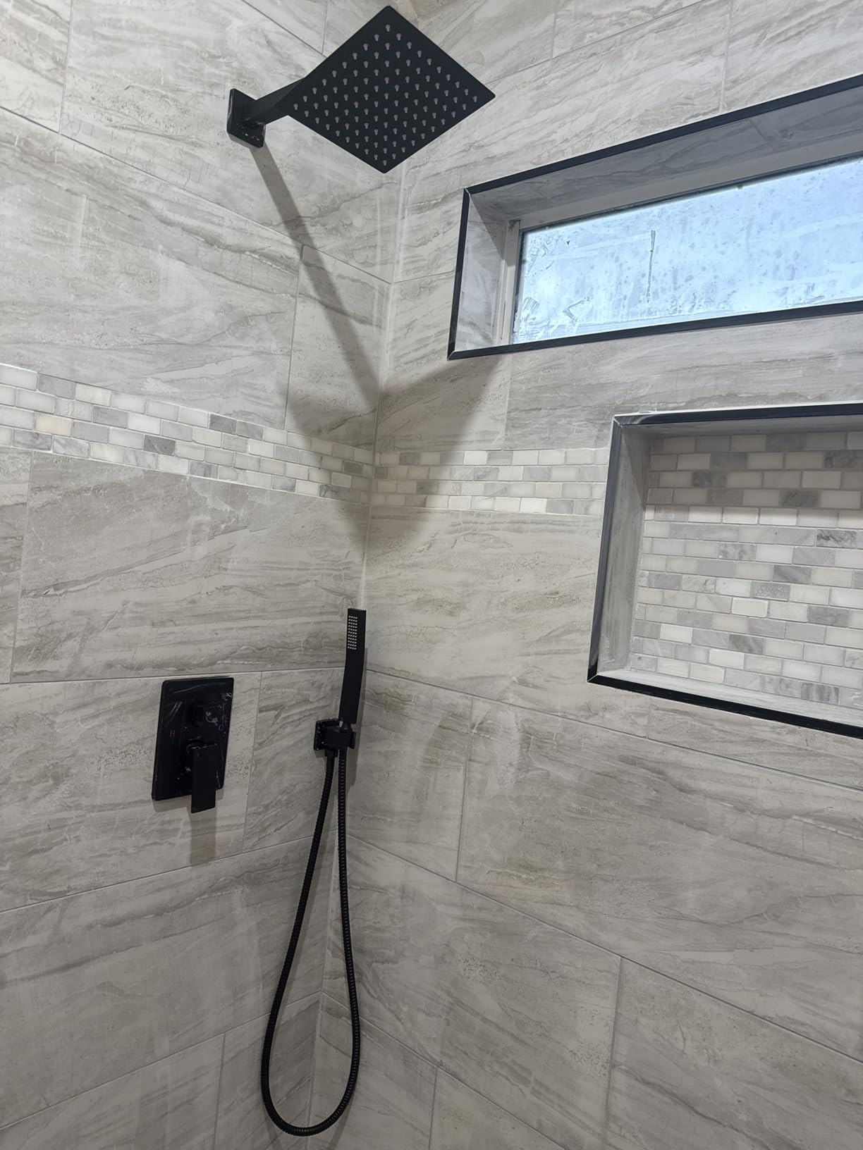 Aolemi Shower Faucet Set Rain Shower System with Handheld Spray Bathroom Shower Combo Rough-in Valve and Shower Trim Kit Included Brushed Nickel 8 Inch Wall Mount Shower Head customer photo 1