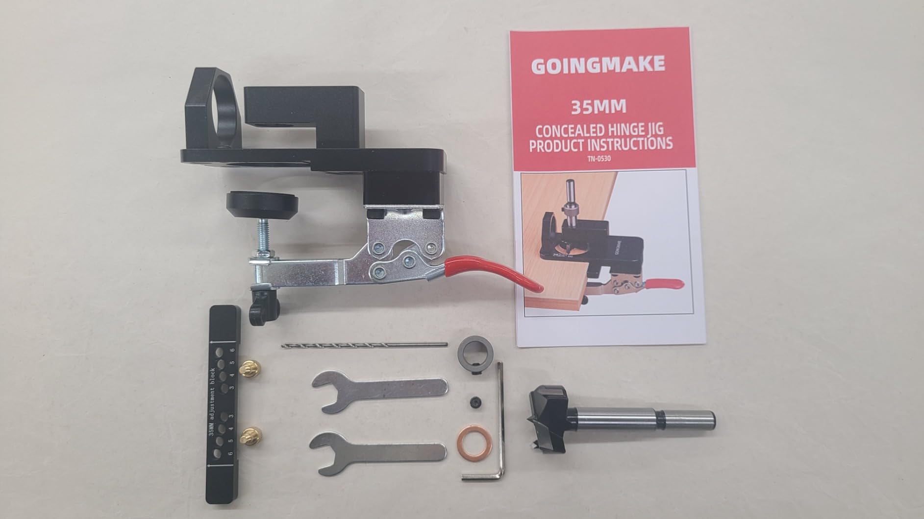 GOINGMAKE Compact Metal Concealed Hinge Jig with Quick Clamp, 35mm Cabinet Hinge Jig with Dust Adapter for Cabinet Hinge Mounting, Woodworking Cabinet Door Hinge Jig Drill Guide Cabinet Hardware Jig customer photo 1