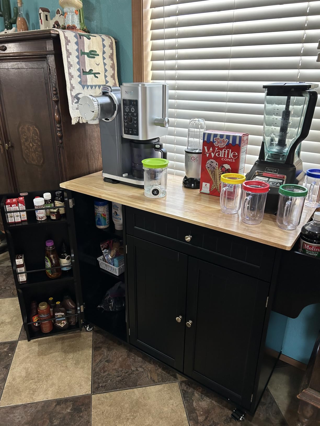 Ahomly Kitchen Island with Storage, Island Table for Kitchen with Drop Leaf, 5 Wheels, Internal Storage Rack, a Drawer, Spice Rack and Towel Bar, Sufficient Countertop Space and Storage, White customer photo 1