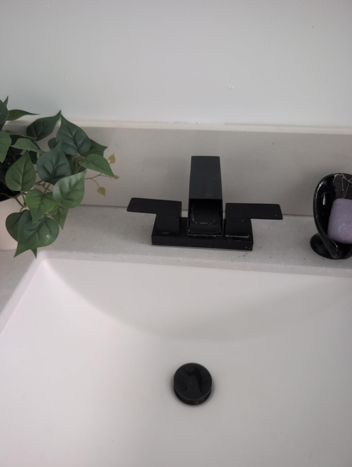 Cobbe Waterfall Bathroom Faucets 3 Hole, Matte Black Bathroom Sink Faucet Square 4 Inch Centerset with Pop-Up Drain, 2 Handle and 2 Supply Hoses, Lead-Free Stainless Steel for Vanity Sink Rv customer photo 1