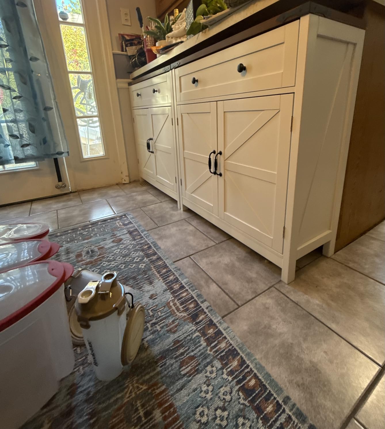 Farmhouse Storage Cabinet with 2 Doors, White Kitchen Cabinet with Walnut Countertop, Freestanding Floor Storage Cabinets Hutch Cupboard customer photo 1