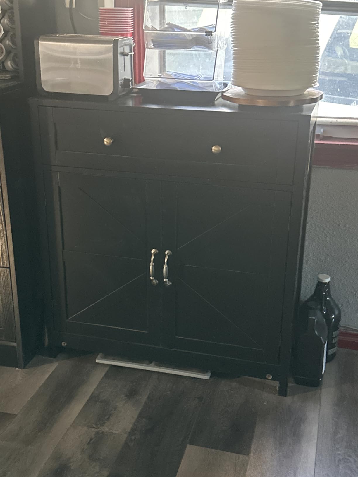 Farmhouse Storage Cabinet with 2 Doors, White Kitchen Cabinet with Walnut Countertop, Freestanding Floor Storage Cabinets Hutch Cupboard customer photo 2