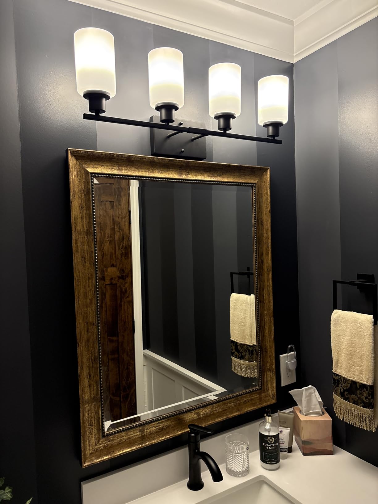MOKATNG 4-Light Bathroom Light Fixtures, Vanity Light with Milky White Shades, Matte Black Bathroom Light Fixtures Over Mirror, Modern Bathroom Wall Lamp for Mirror Living Room Cabinet Bedroom customer photo 1